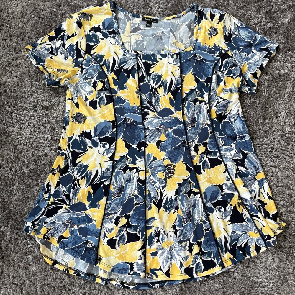 Sami & Jo Women's Short Sleeve Blouse Yellow and Blue Size Large
